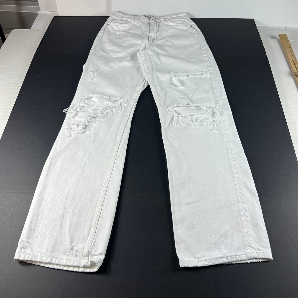Zara Jeans Women Measured 27x31* High Rise Wide Leg White Distressed Denim Tag 6